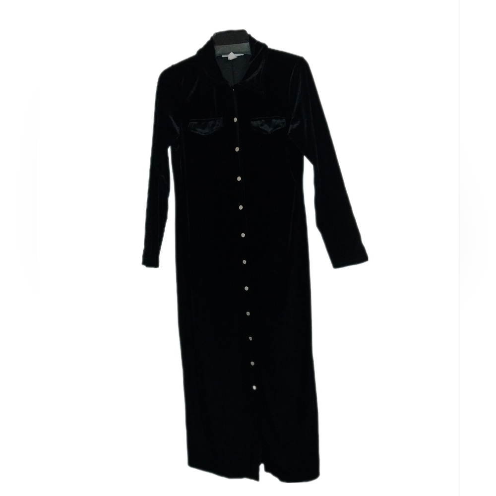 VTG Maggy London Black Velvet Long Sleeve Silver Button Up Maxi Dress